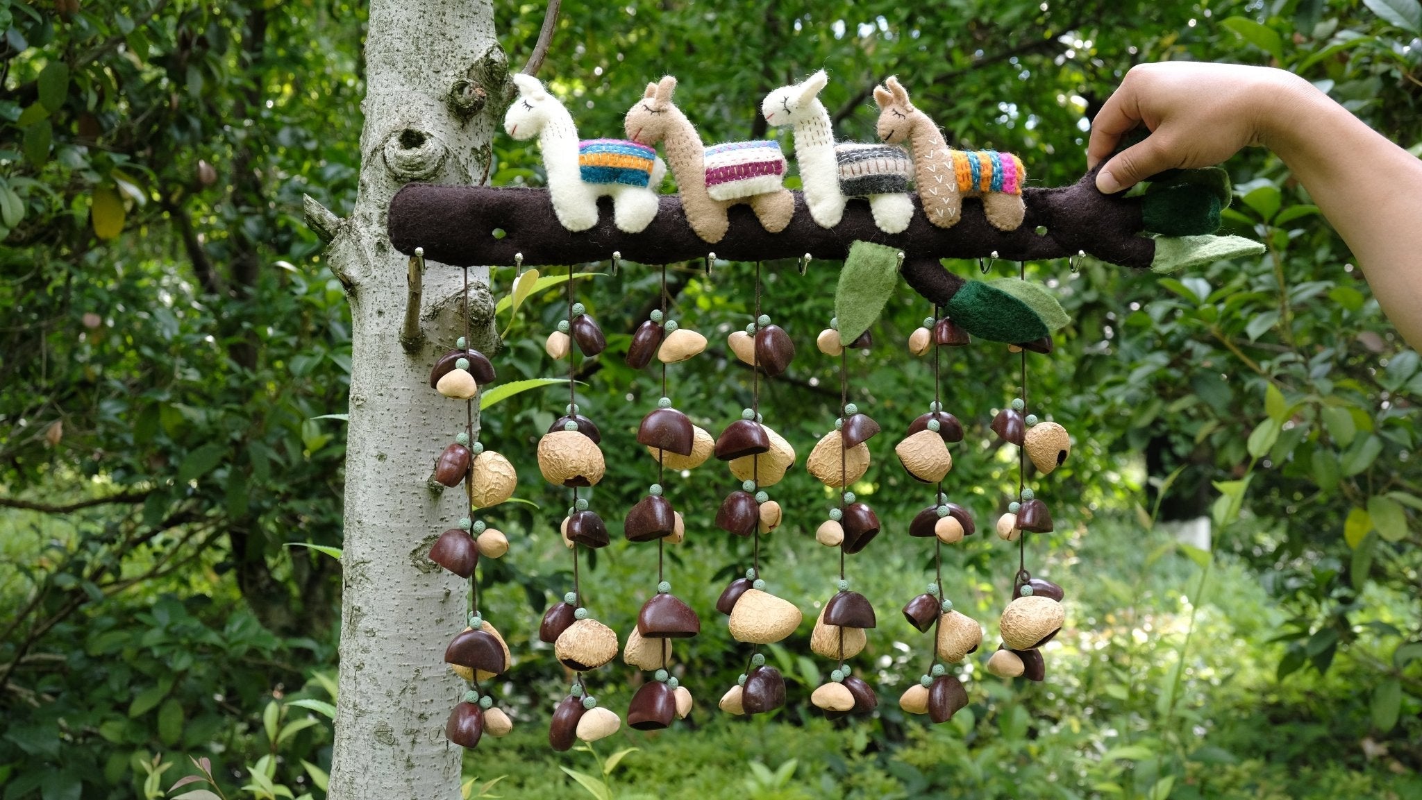 Llama Forest Wind Chime Wall Hanging – Handmade Felt Animal & Natural Seed Decor