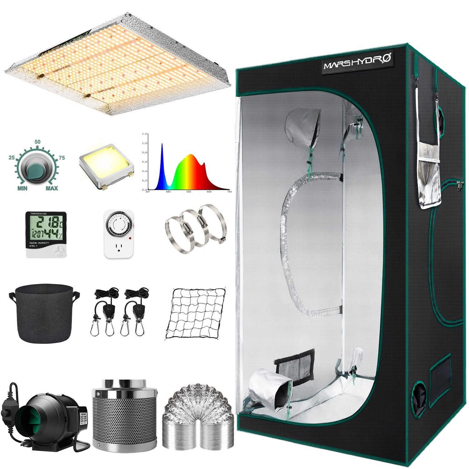Mars Hydro Tsw 2000 Led Grow Light + 4'x4' Indoor Tent Kits Combo Carbon Filter