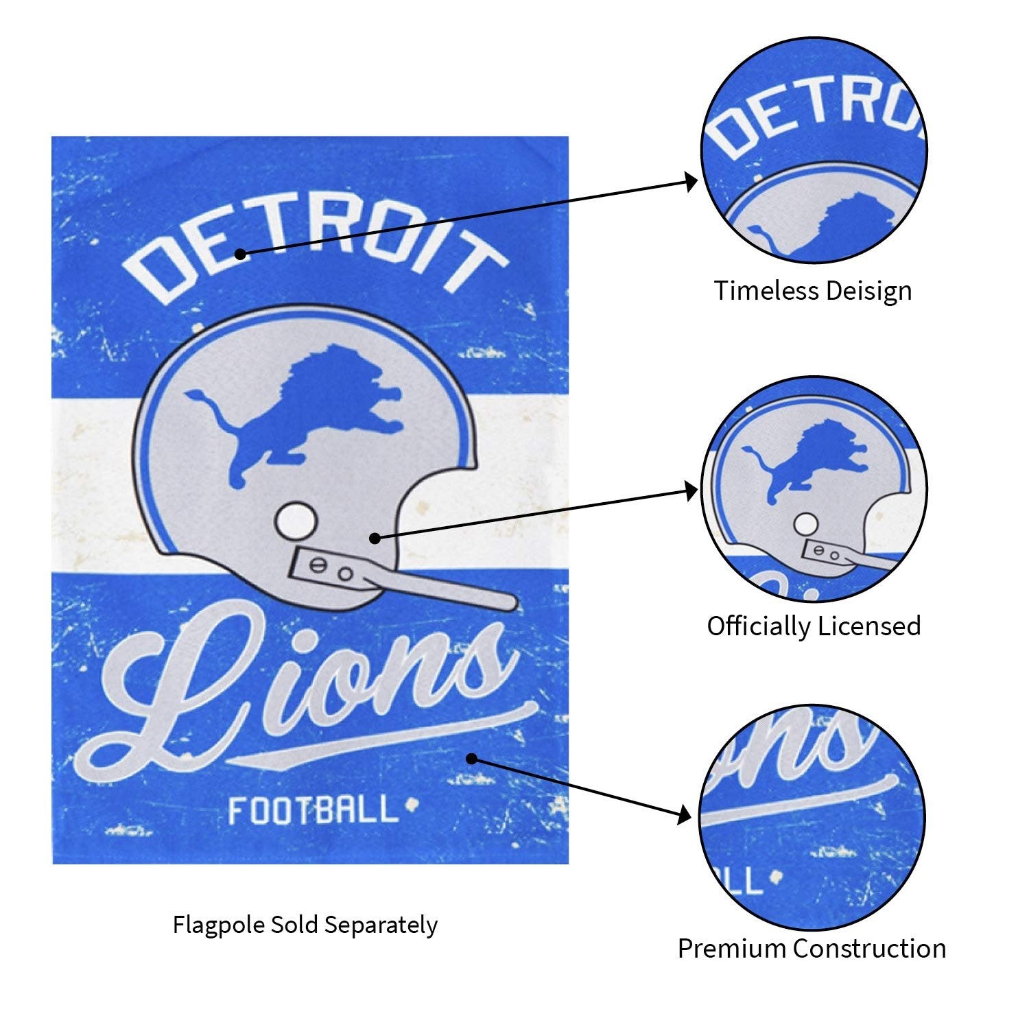 Detroit Lions Premium Double Sided Garden Flag Banner, Vintage Design, Linen, 13x18 Inch, Outdoor, Display Pole Sold Separately