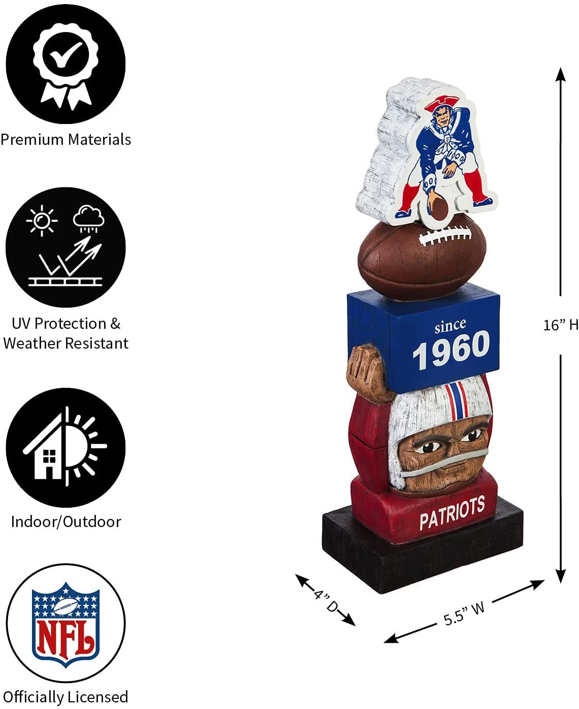 New England Patriots 16 Inch Tiki Totem Pole Outdoor Resin Home Garden Statue Vintage Design Decoration