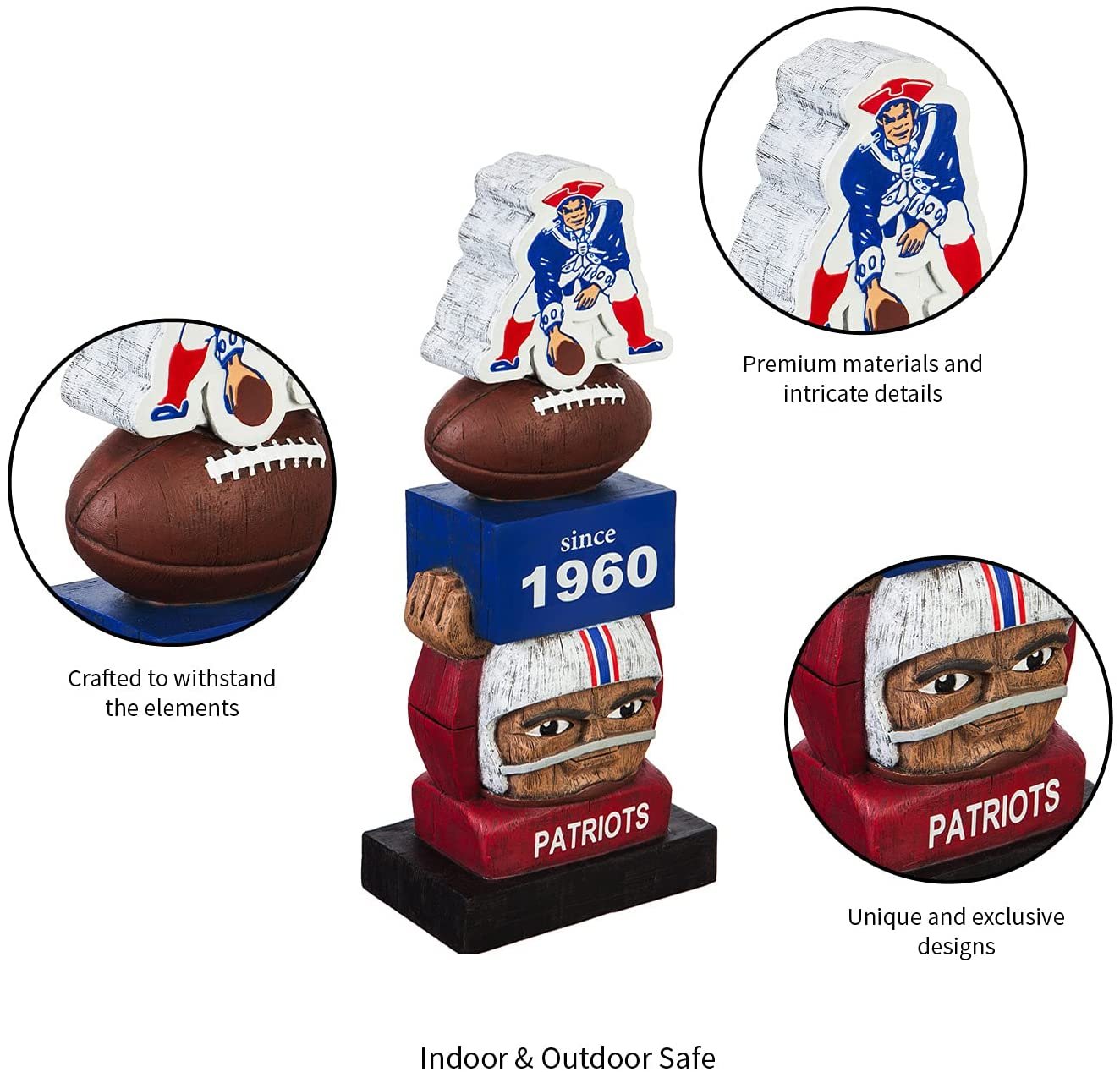 New England Patriots 16 Inch Tiki Totem Pole Outdoor Resin Home Garden Statue Vintage Design Decoration