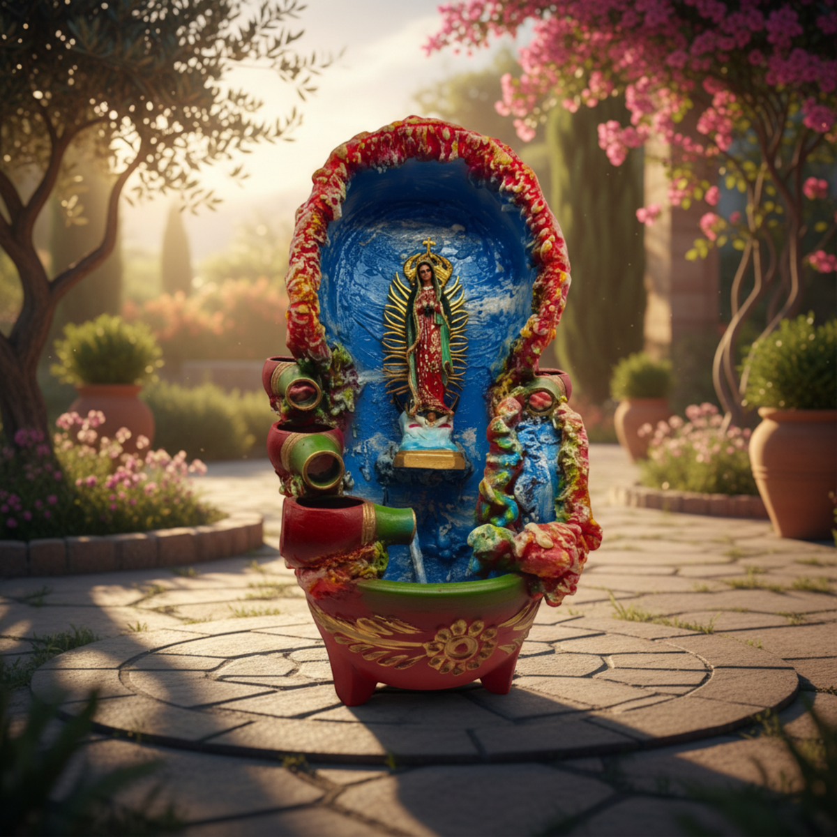 Handcrafted Mexican Outdoor Fountain | Painted Traditional Water Feature