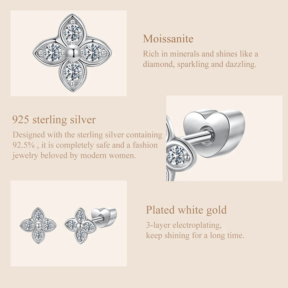 Moissanite Butterfly Clover Stud Earrings 925 Silver Diamond Cut Wedding Gift