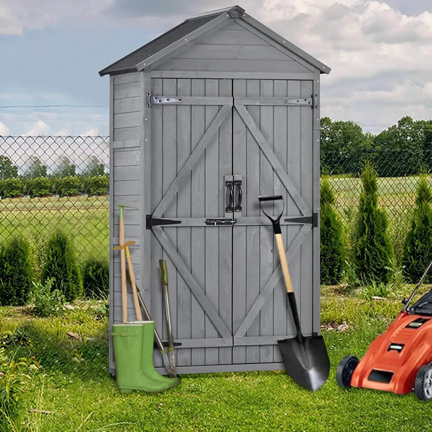 Outdoor Wood Tilt Storage Shed Tool Organizer with Waterproof Asphalt Roof
