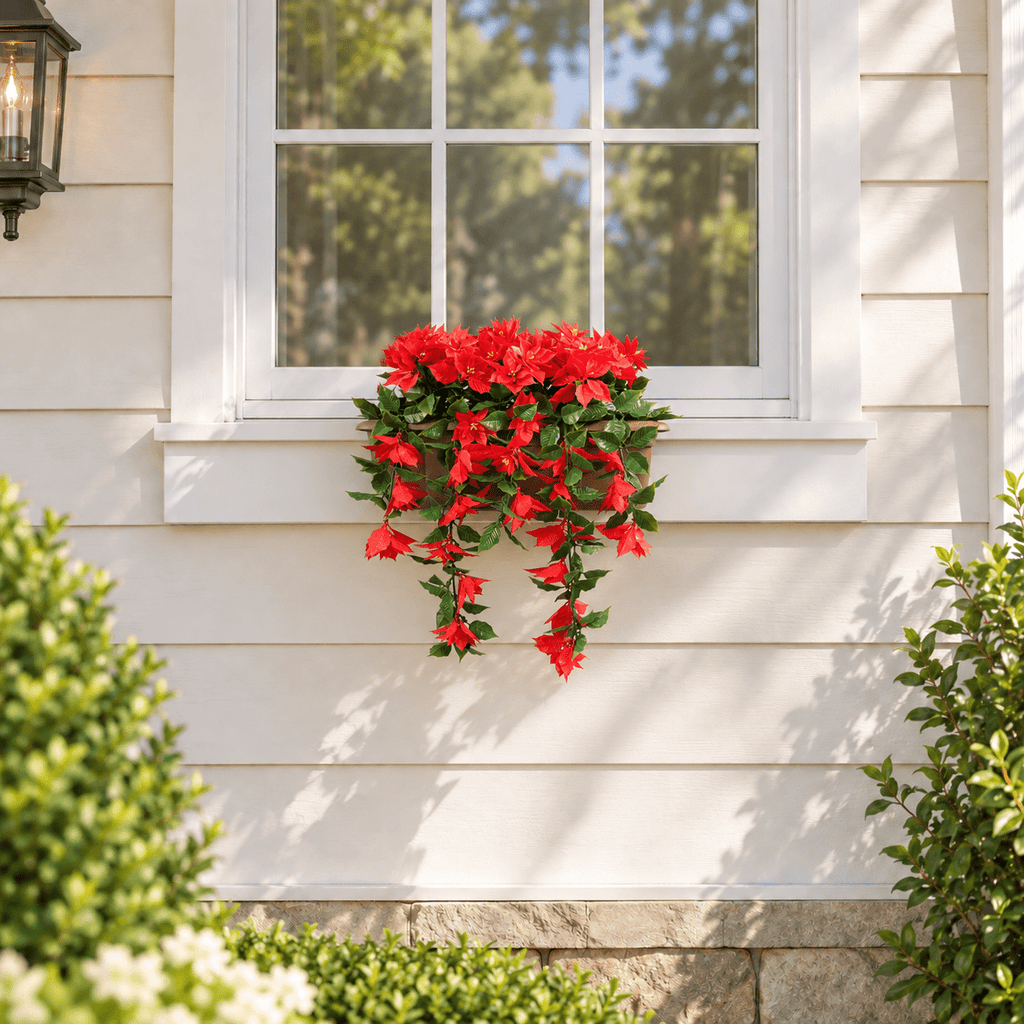 Draping Poinsettia Artificial Window Box Planter 20×14in – UV Resistant