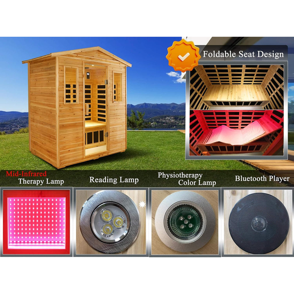 Thermora Deluxe 3-Person Outdoor Full Spectrum Low EMF Infrared Home Sauna With Bluetooth Speakers And LED Reading Light (SAK14098)