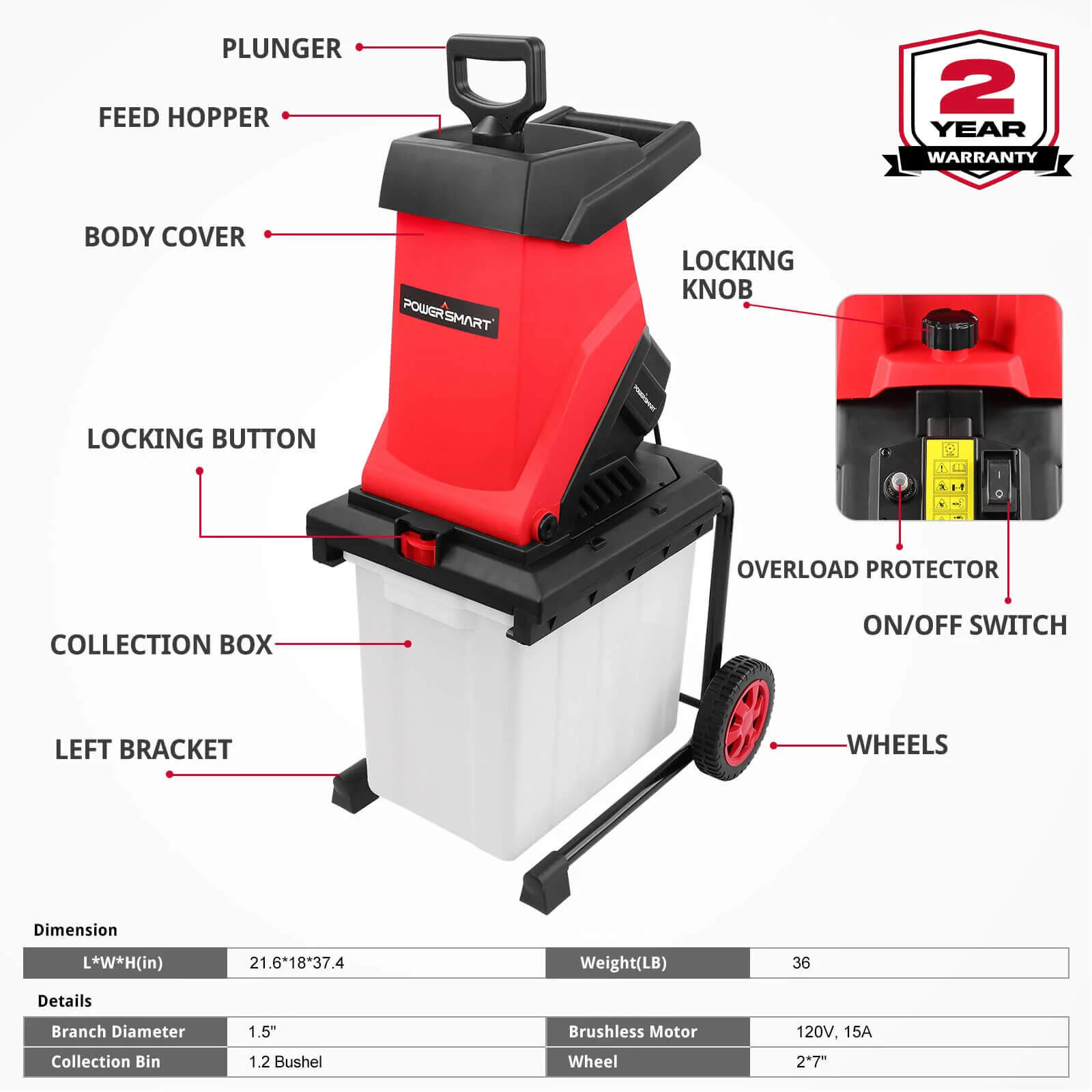 15Amp Electric Wood Chipper Leaf Mulcher w/ Collection Bin PS12A