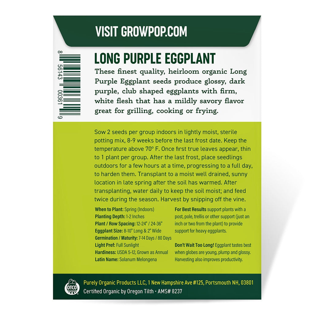 Purely Organic Long Purple Eggplant Seeds - USDA Organic