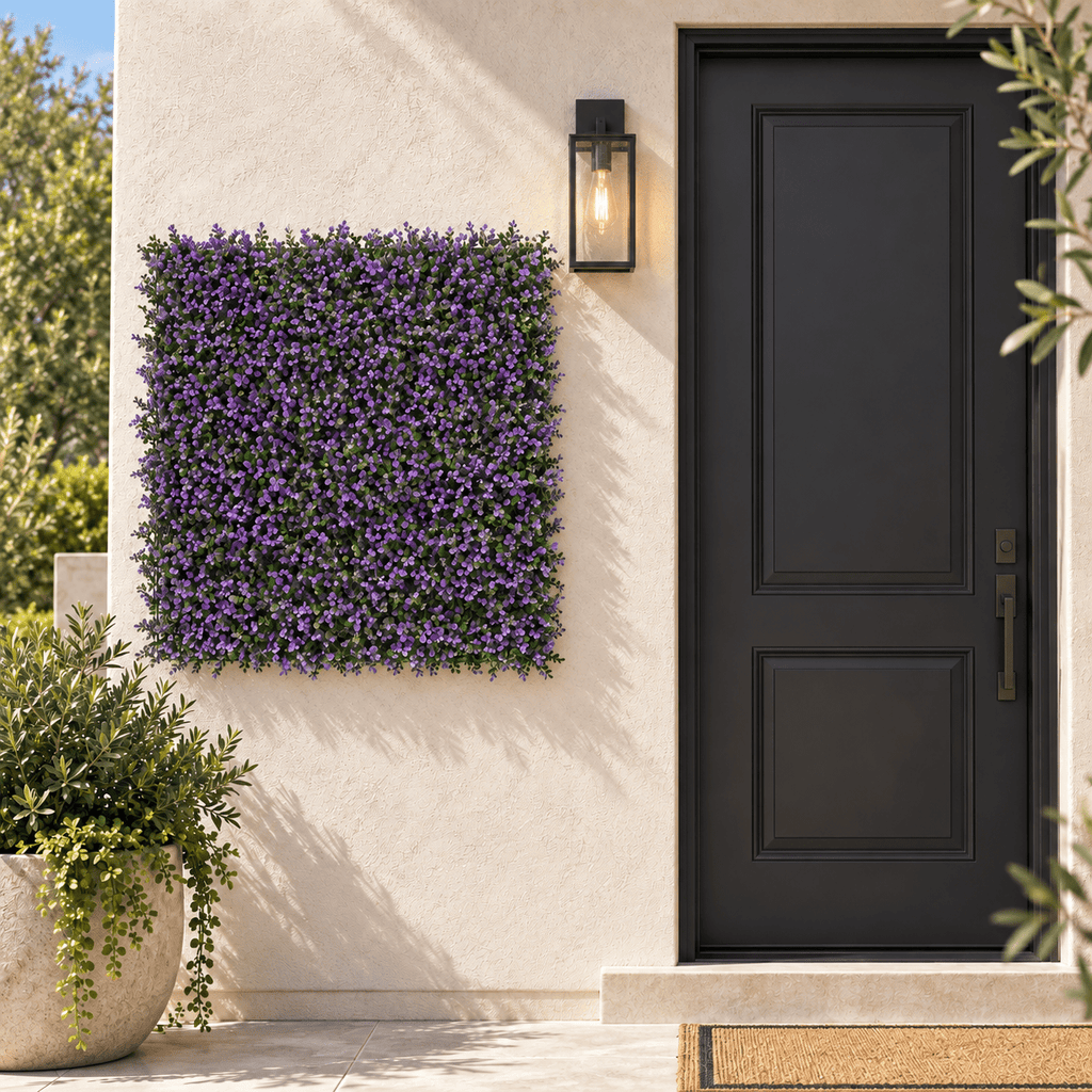 Purple Lavender Boxwood Artificial Vertical Garden Green Wall Panel 40×40in 11 SQ FT – UV Resistant – Commercial Grade