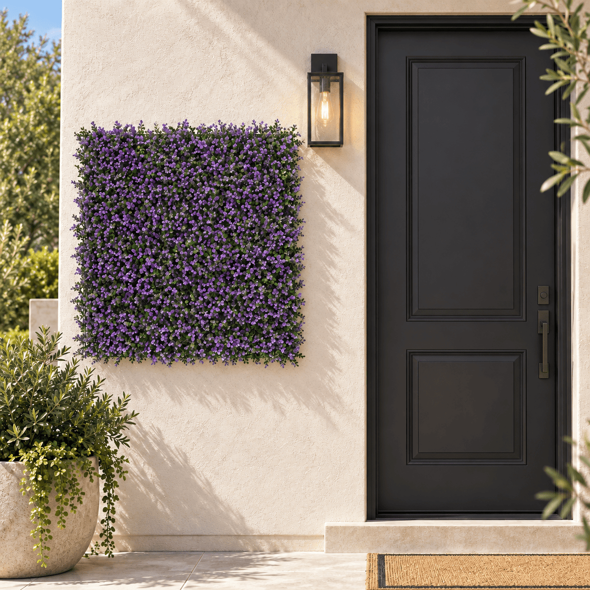 Purple Lavender Boxwood Artificial Vertical Garden Green Wall Panel 40×40in 11 SQ FT – UV Resistant – Commercial Grade