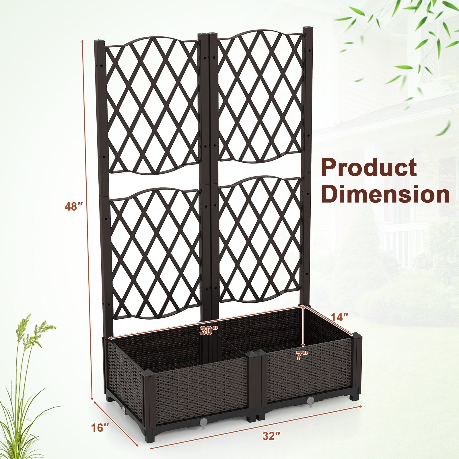 PE Rattan Raised Garden Bed with Trellis Planter Box for Climbing Plants-Brown