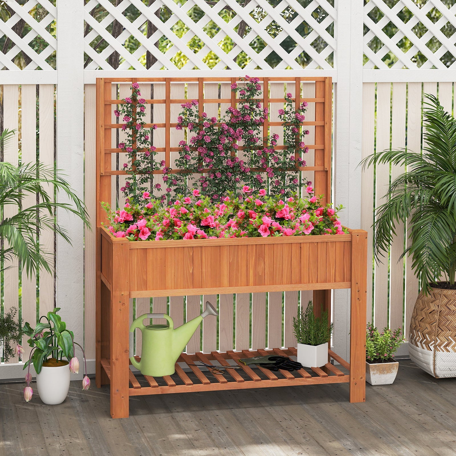 Raised Garden Bed with Trellis Wooden Elevated Planter Box with Legs-Orange