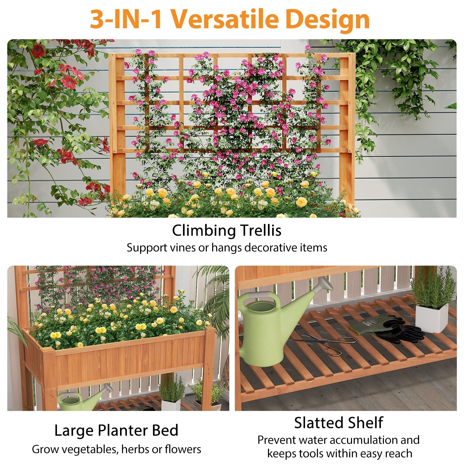 Raised Garden Bed with Trellis Wooden Elevated Planter Box with Legs
