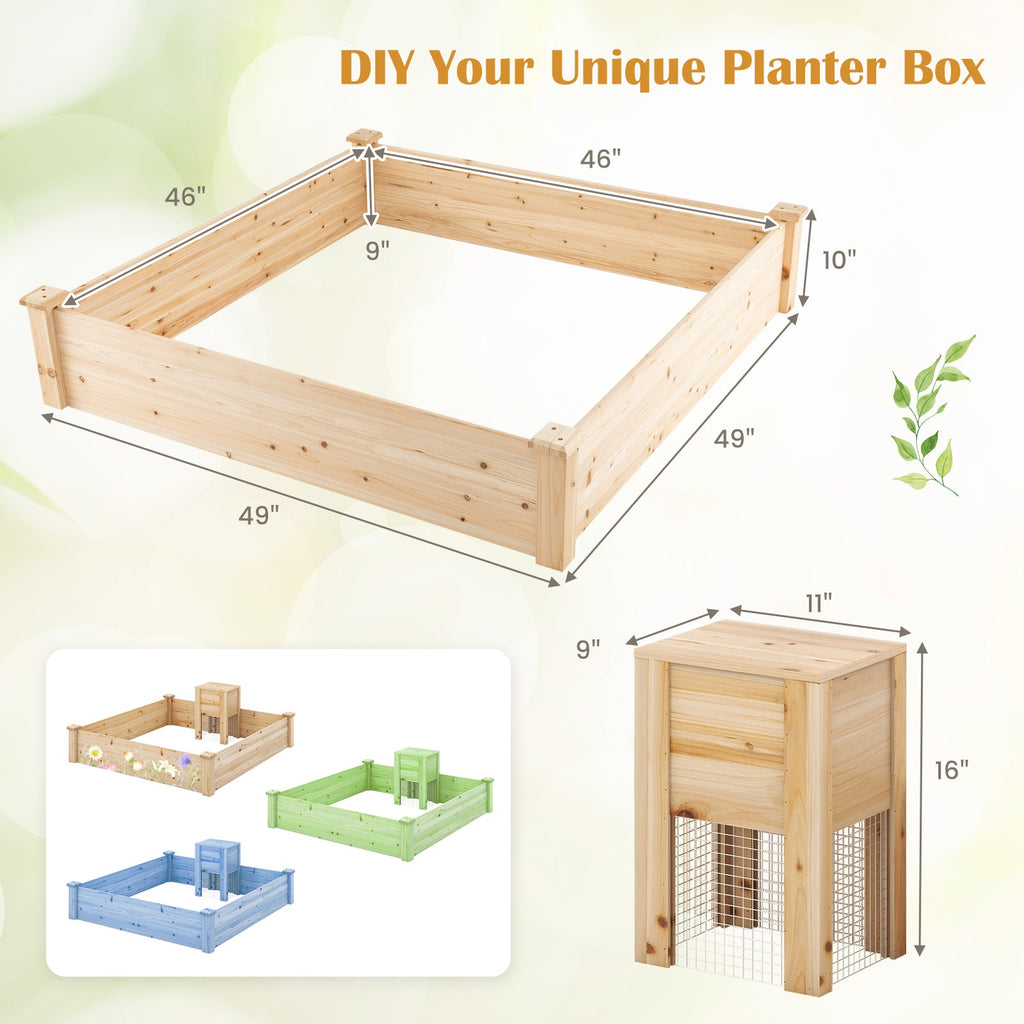 4x4 Wood Raised Garden Bed with Compost Bin in Middle
