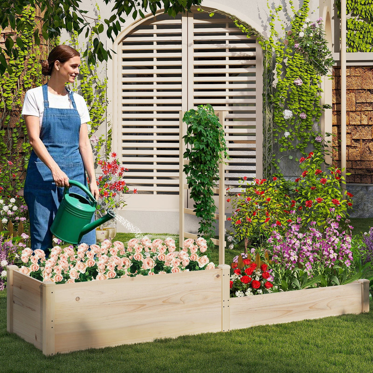 Raised Garden Bed with Trellis 87 Inch Wooden Elevated Planter with 2 Planter Boxes-Natural