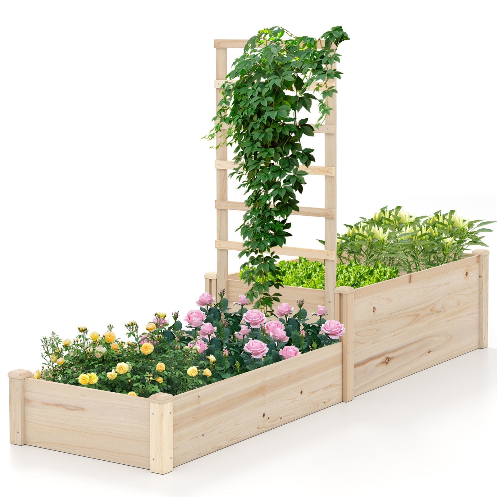 Raised Garden Bed with Trellis 87 Inch Wooden Elevated Planter with 2 Planter Boxes-Natural