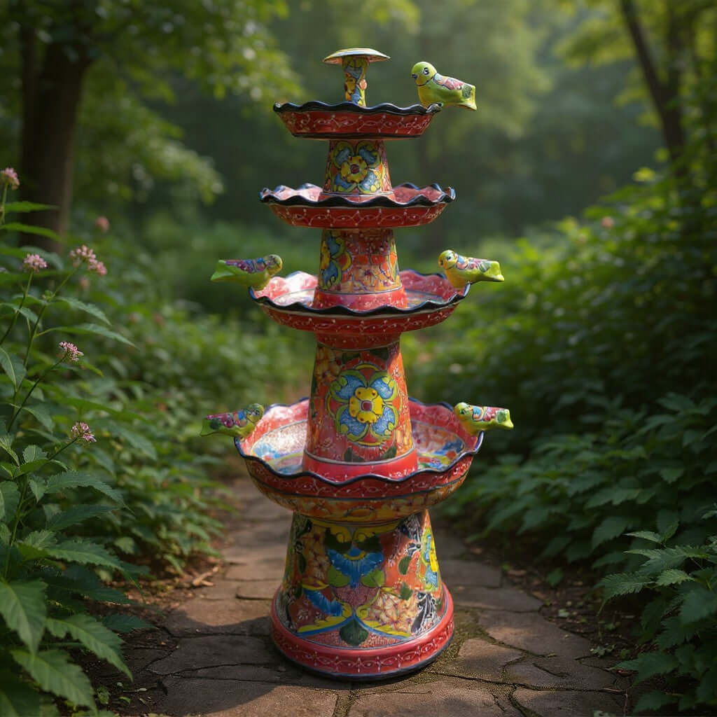 Red & Blue Rim Talavera Fountain | Multicolor Tiered Design