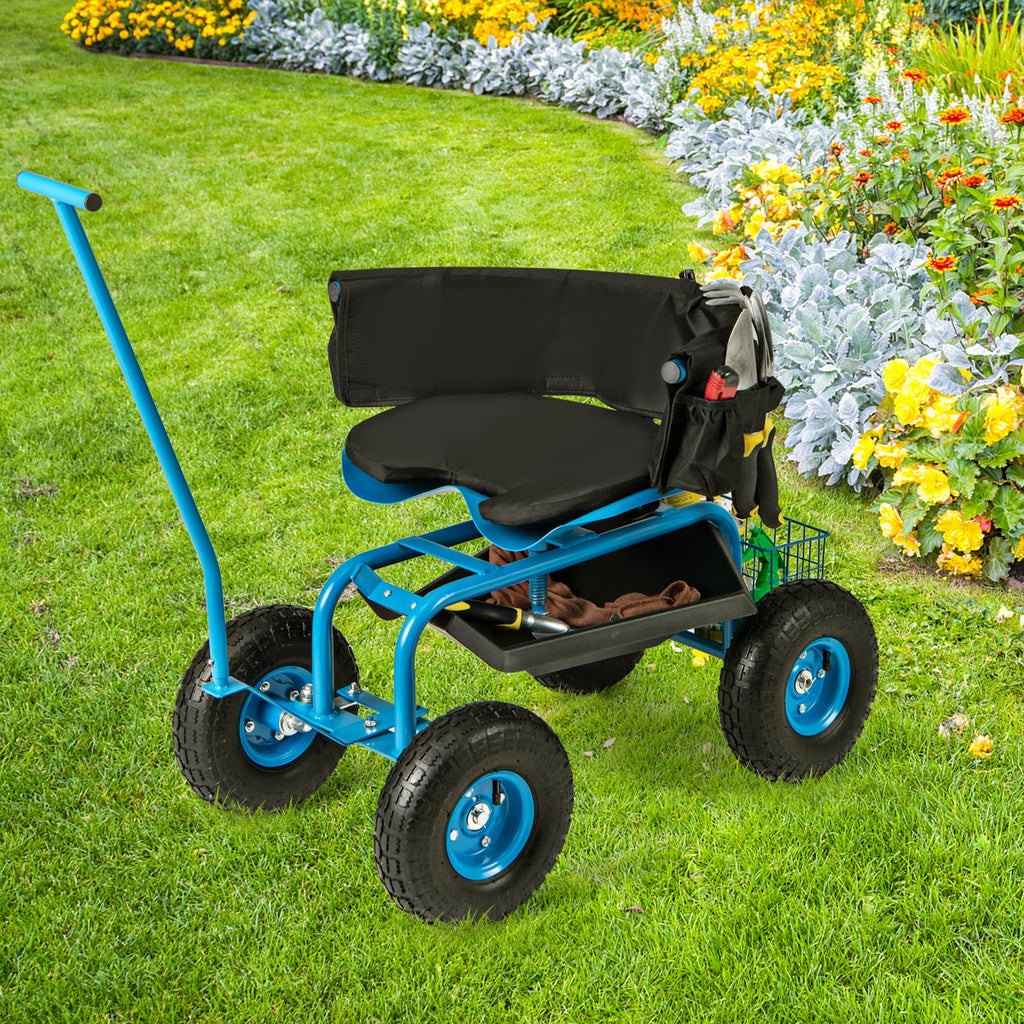 Rolling Garden Cart with Height Adjustable Swivel Seat and Storage Basket-Blue