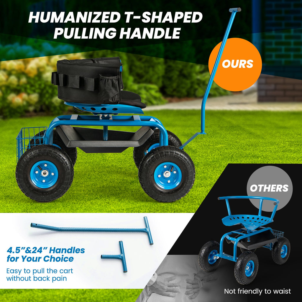 Rolling Garden Cart with Height Adjustable Swivel Seat and Storage Basket-Blue