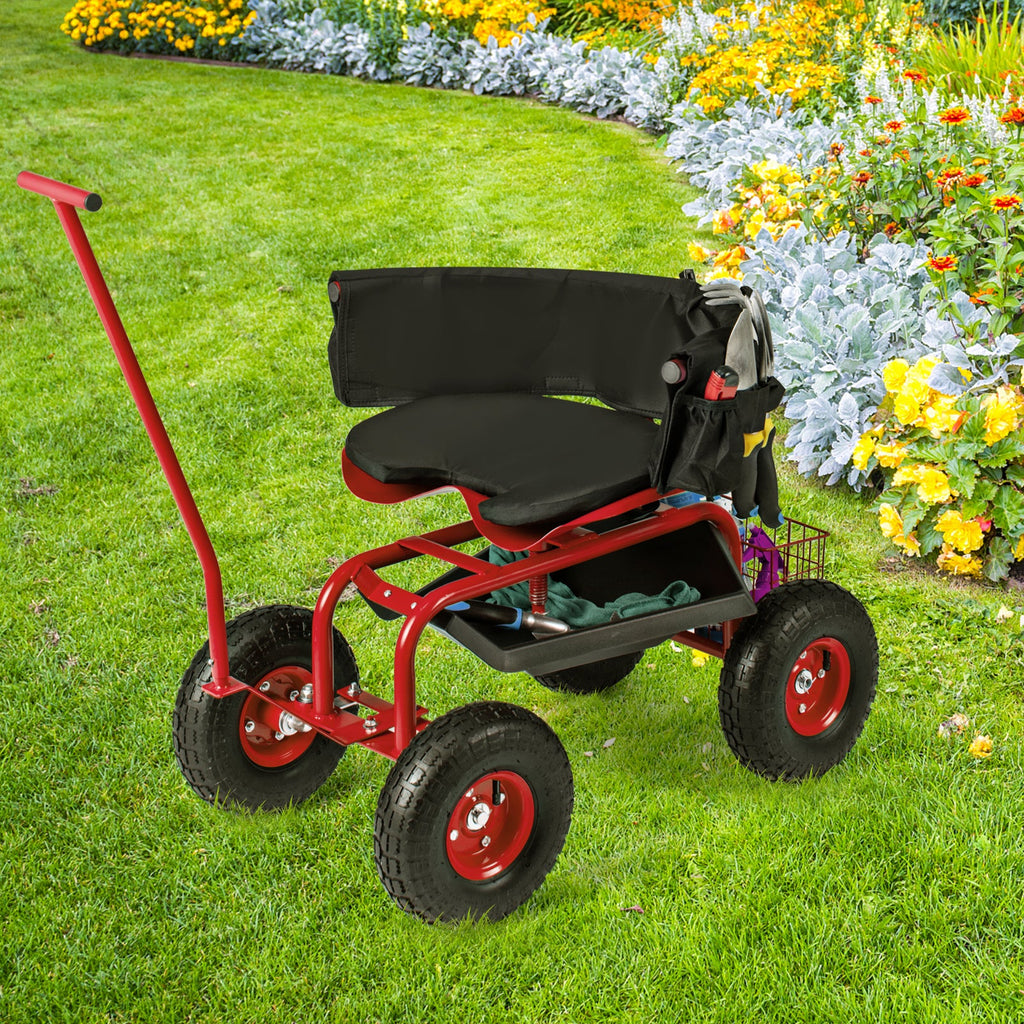Rolling Garden Cart with Height Adjustable Swivel Seat and Storage Basket-Red