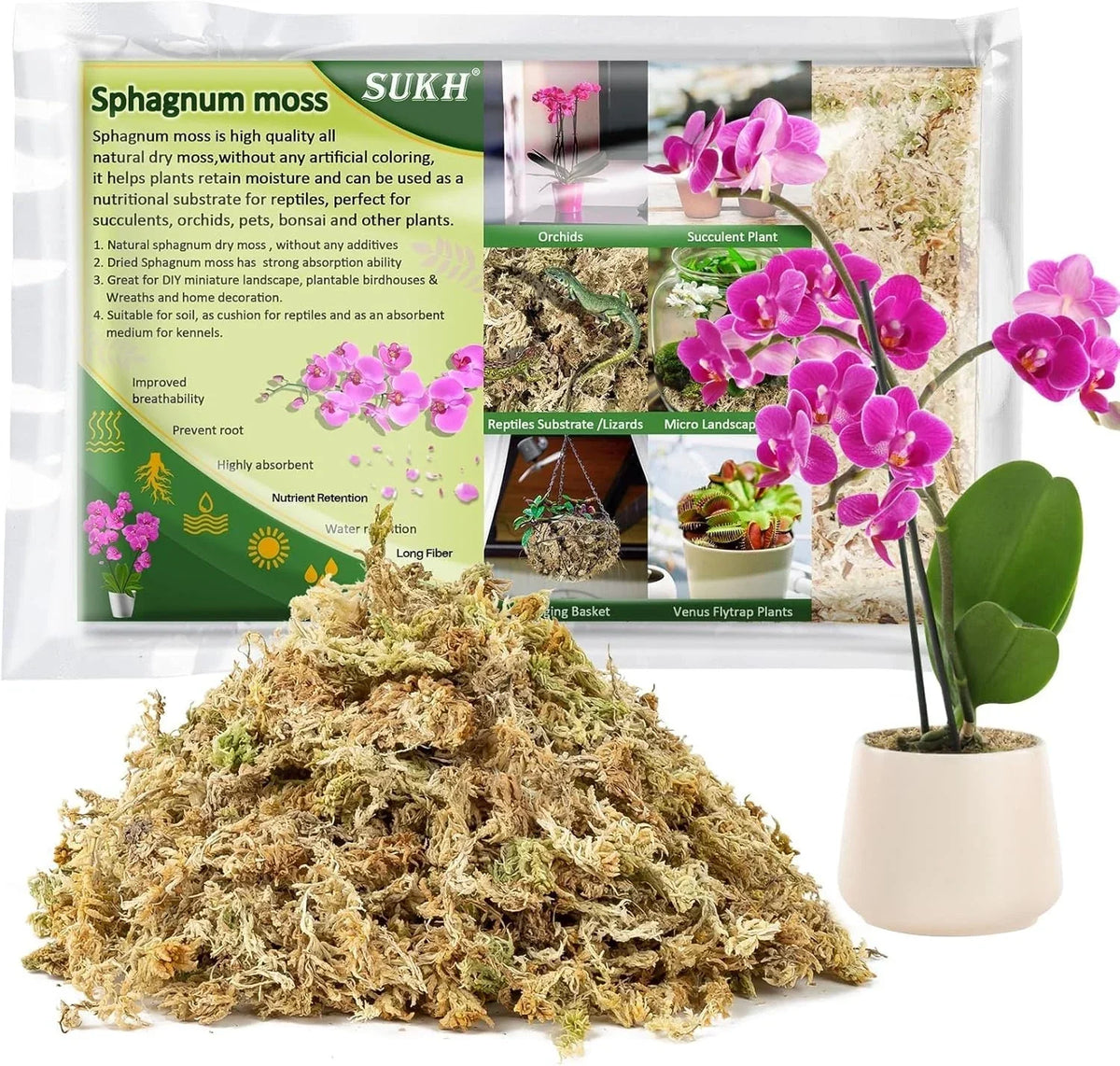 4oz Sphagnum Moss for Plants - Natural Dried Long-Fibered Sphagnum Peat Moss for Terrariums and Gardening