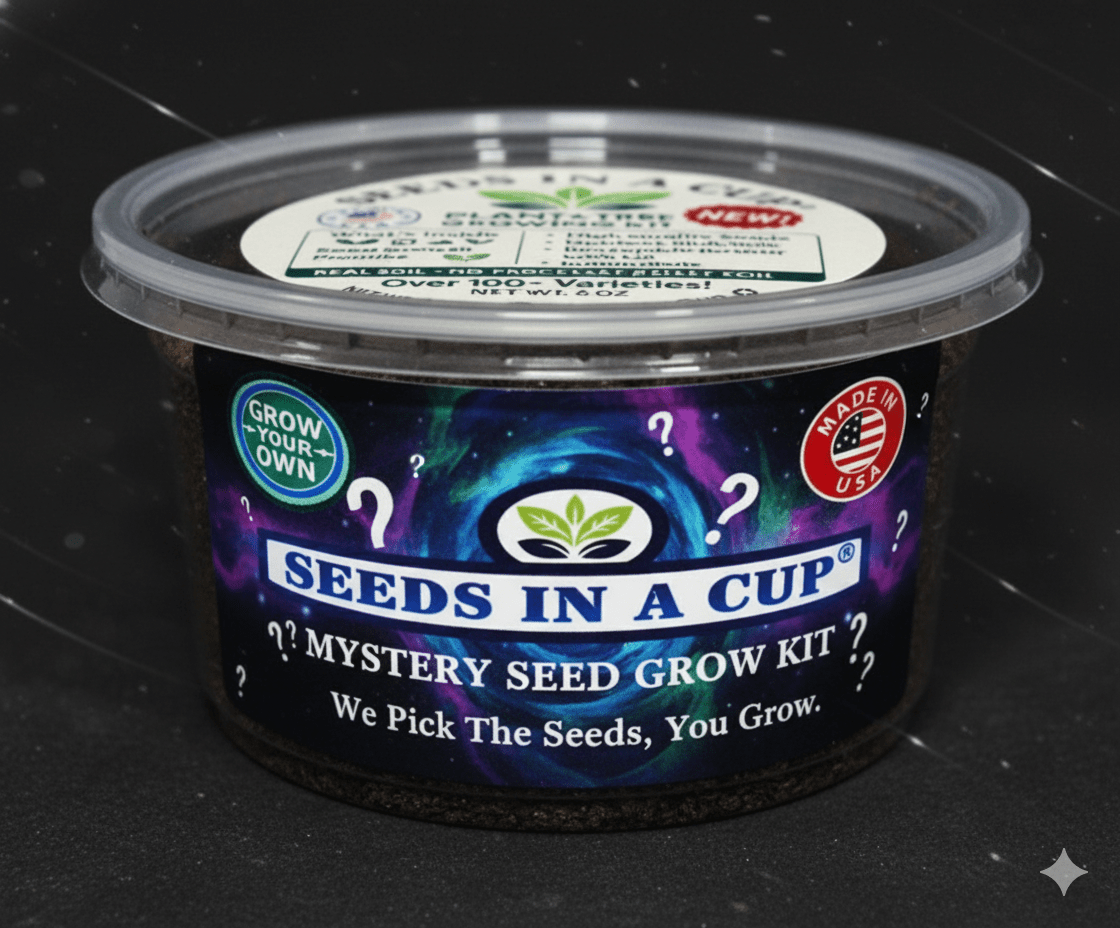 Mystery Plant Grow Kit — Surprise Seeds in a Cup® with Premium Soil, Non‑GMO Seeds, Dual‑Purpose Lid/Saucer, and Easy How‑to‑Grow Instructions