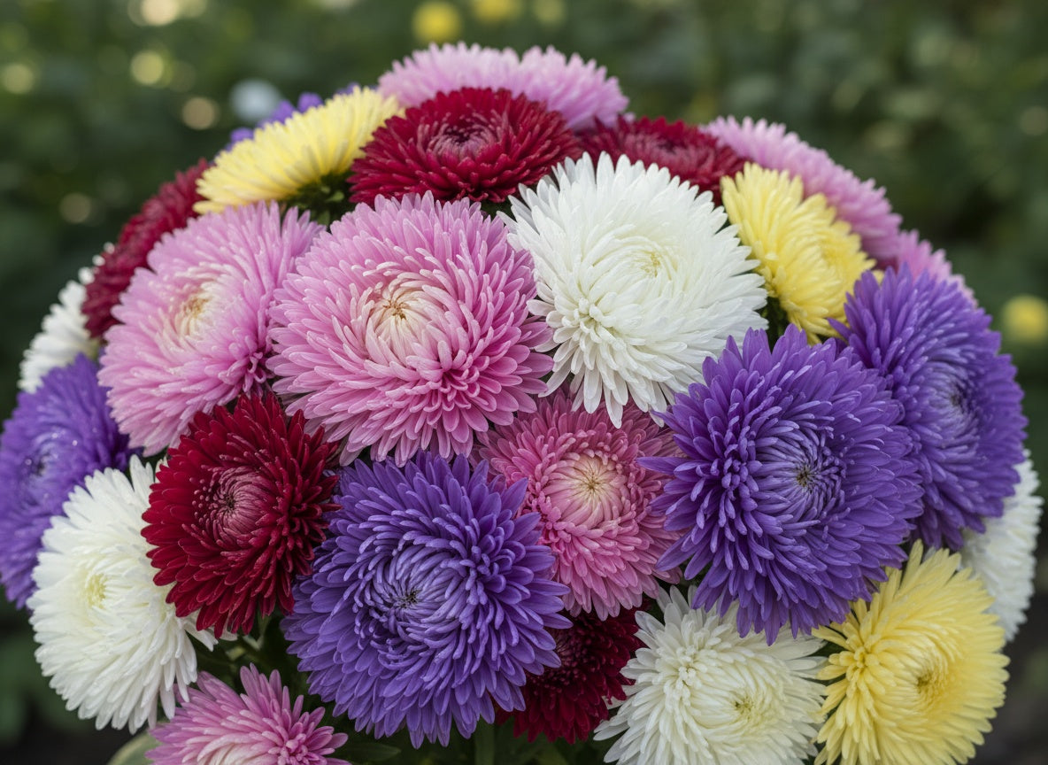30 MIXED PAEONY ASTER Callistephus Duchess Peony Red Pink White Blue Purple Yellow Coral Apricot French Flower Seeds