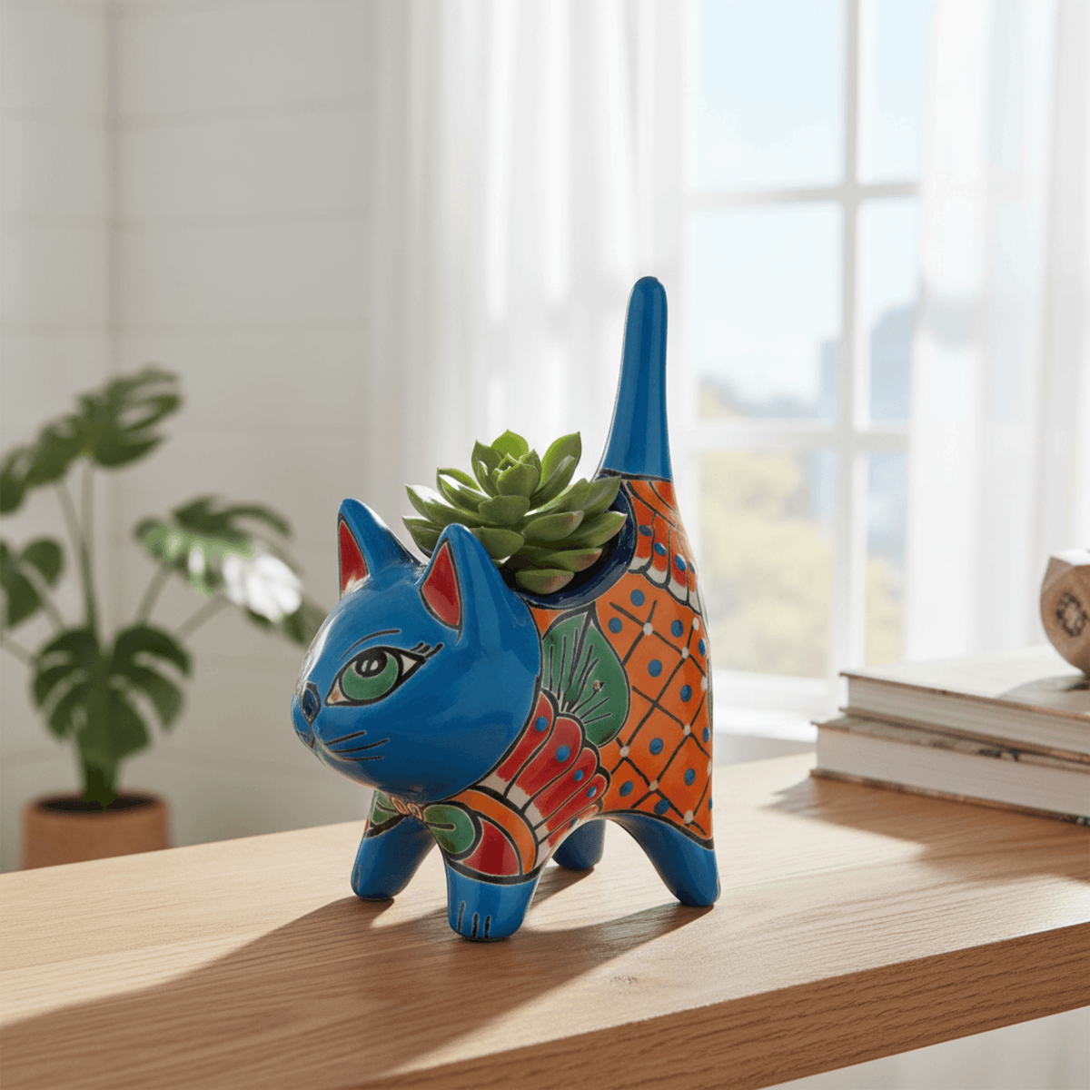 Small Talavera Cat Planter | Colorful Mexican Ceramic Decor