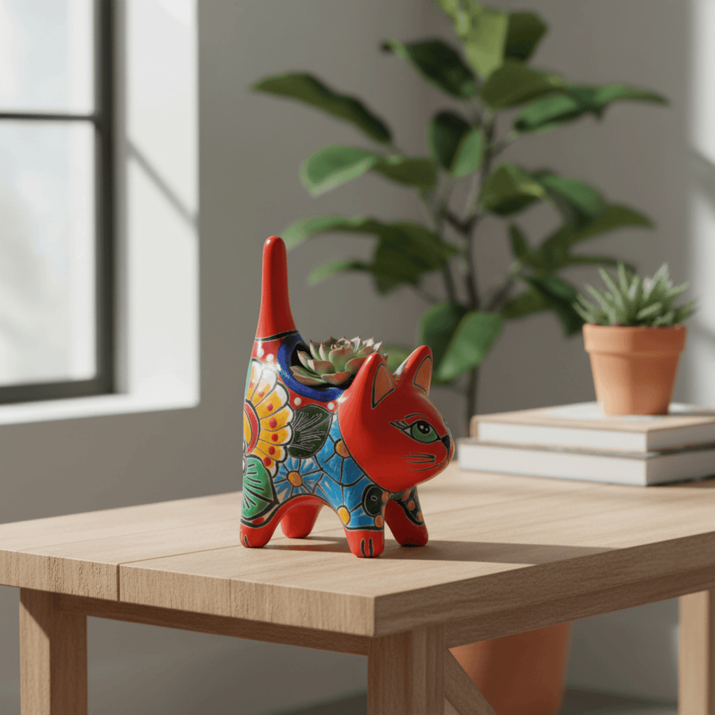 Small Talavera Cat Planter | Colorful Mexican Ceramic Decor