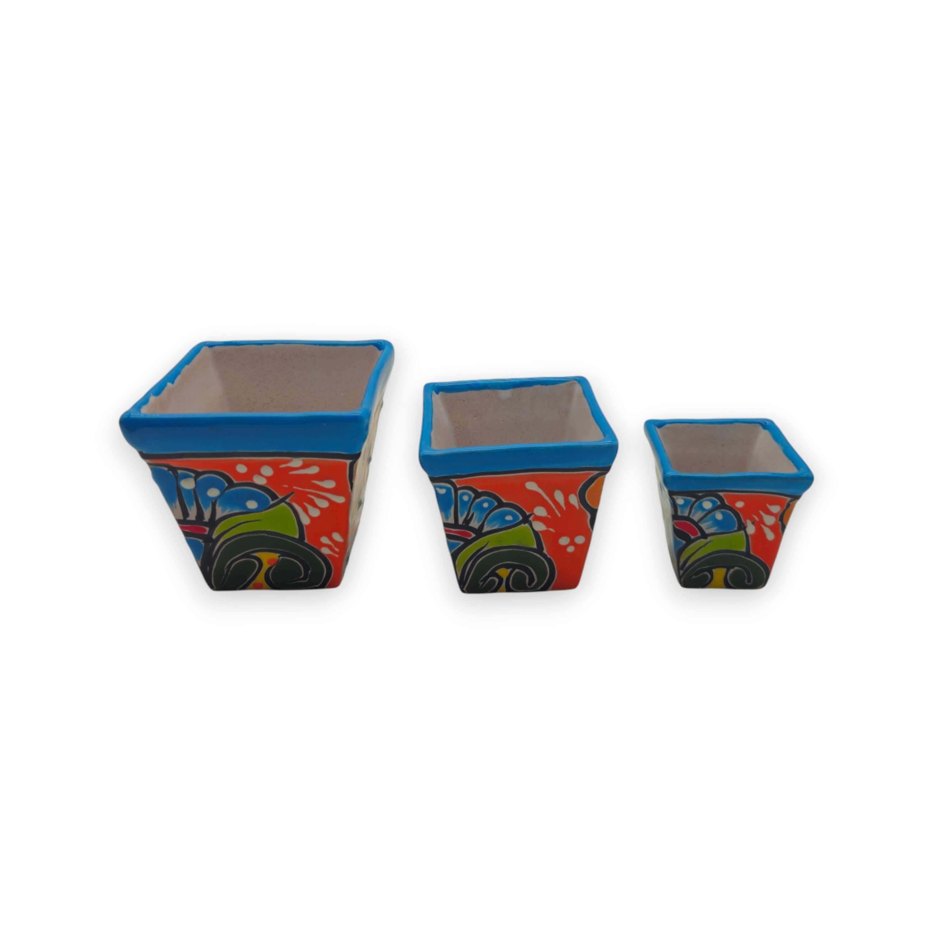 Square Talavera Planter Set | Colorful Mexican Mini Pots (Set of 3)