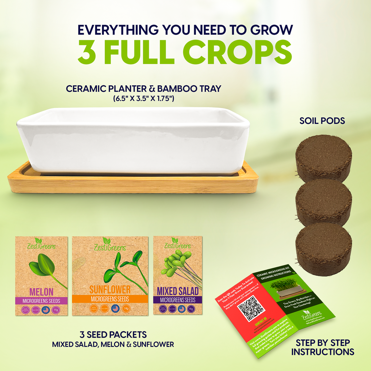 Ceramic Microgreens Growing Kit to Grow 3 Crops Including Organic USDA Sunflower, Melon & Mixed Microgreens Seeds.