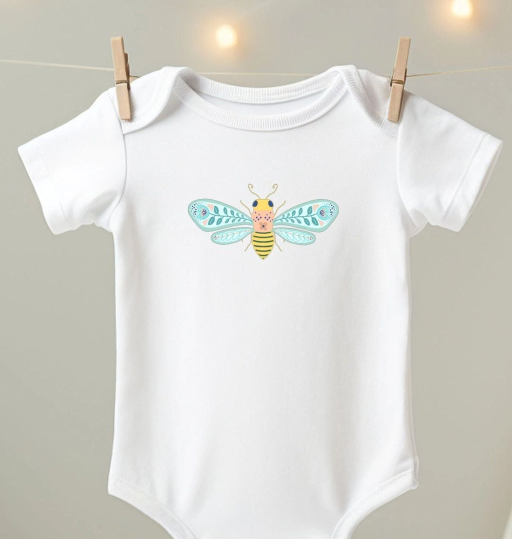 Folk Art Bee Organic Onesie - on White (Celebrate Pollinators)