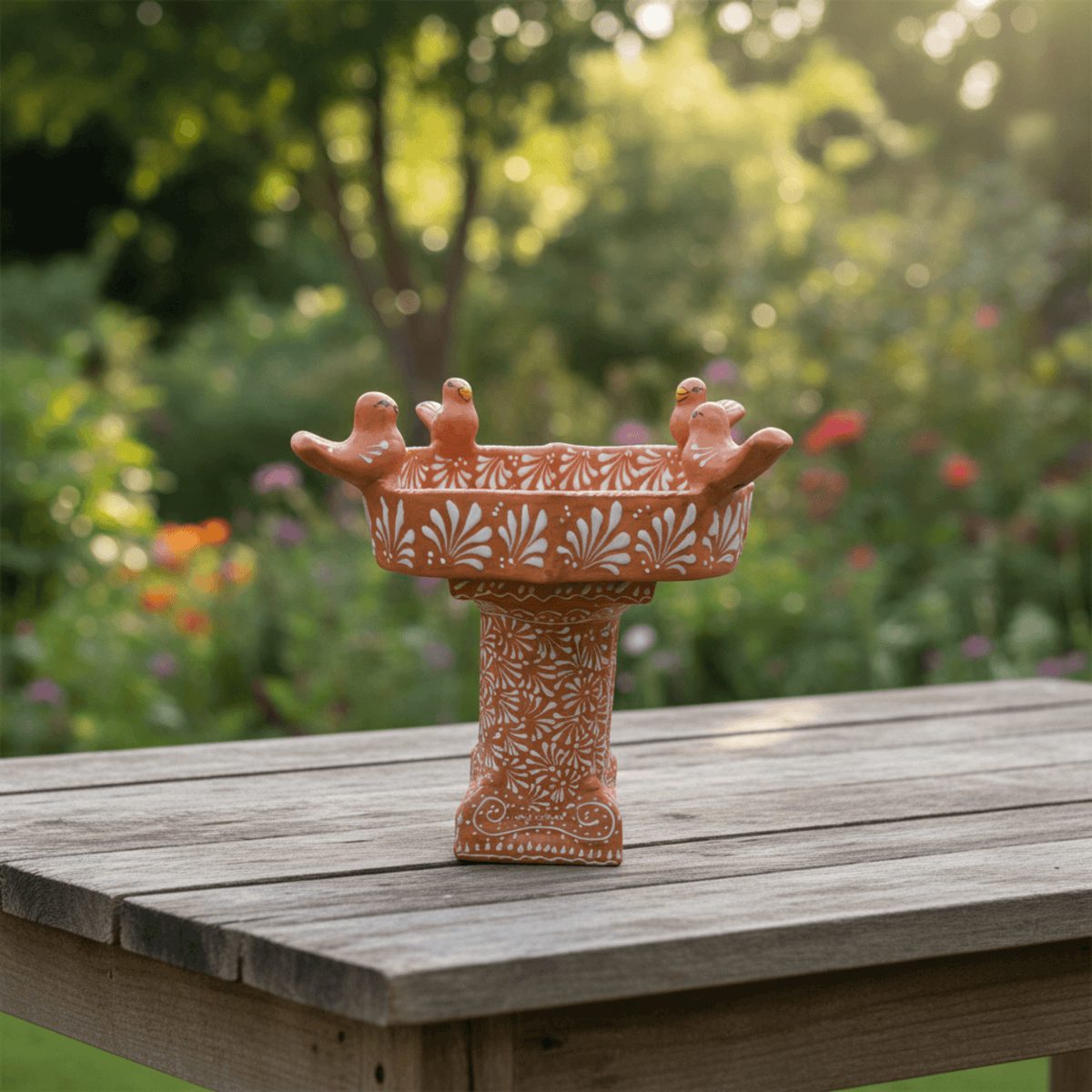 Talavera Bird Bath | Brown & White Hand-Painted Garden Art