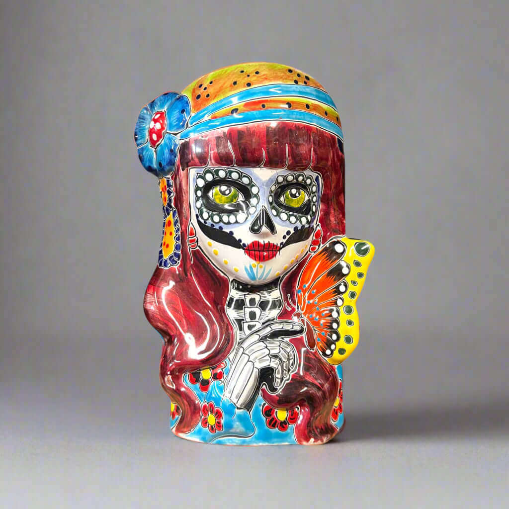 Talavera Butterfly Skull Planter | Handcrafted Day of the Dead Ceramic Pot