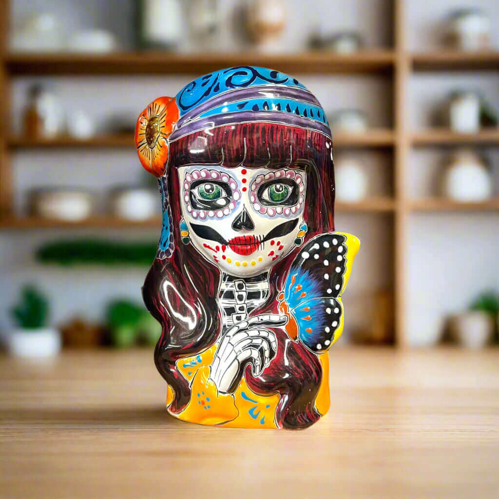 Talavera Butterfly Skull Planter | Handcrafted Day of the Dead Ceramic Pot