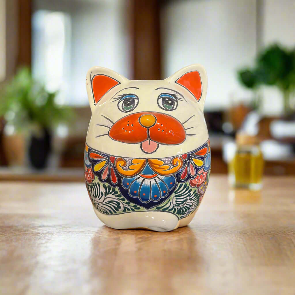 Talavera Cat Planter | Handcrafted Fat Cat Ceramic Pot