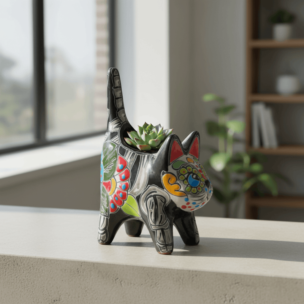 Talavera Cat Planter | Day of the Dead Ceramic Decor