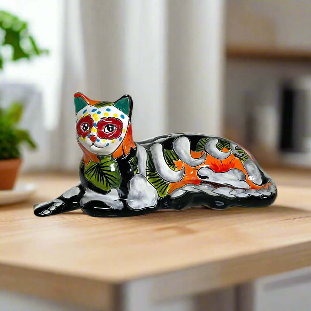 Talavera Cat Statue | Day of the Dead Mexican Ceramic Decor
