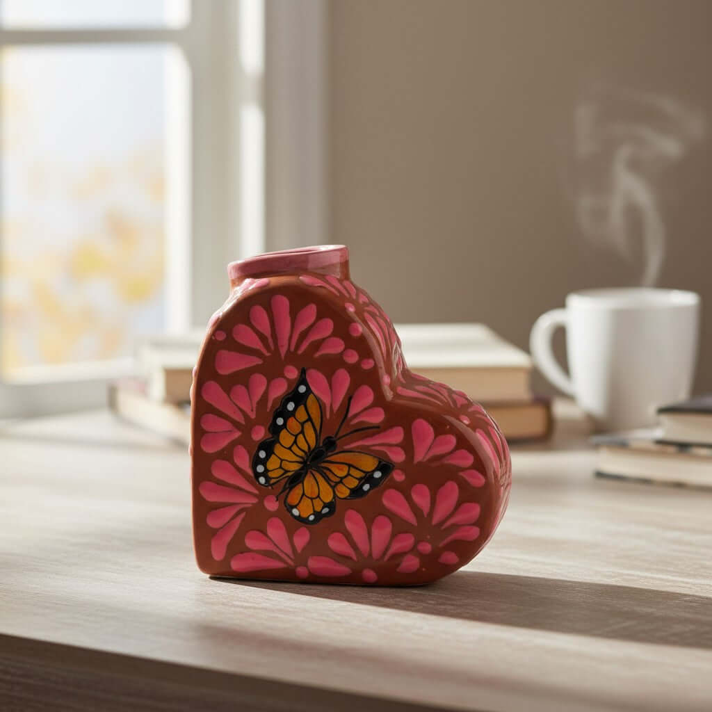 Talavera Heart Vase | Pink Monarch Butterfly Design