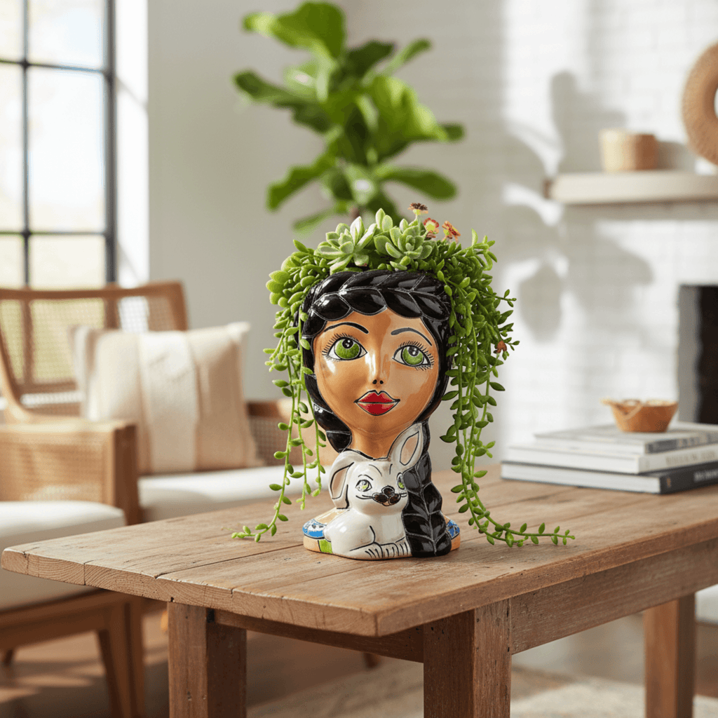 Talavera Lady & Bunny Planter | Colorful Mexican Decor