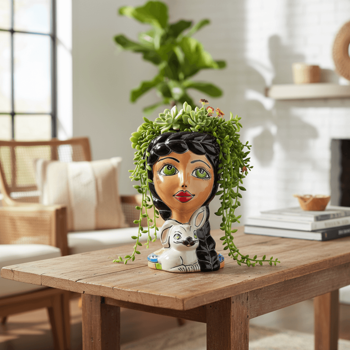 Talavera Lady & Bunny Planter | Colorful Mexican Decor
