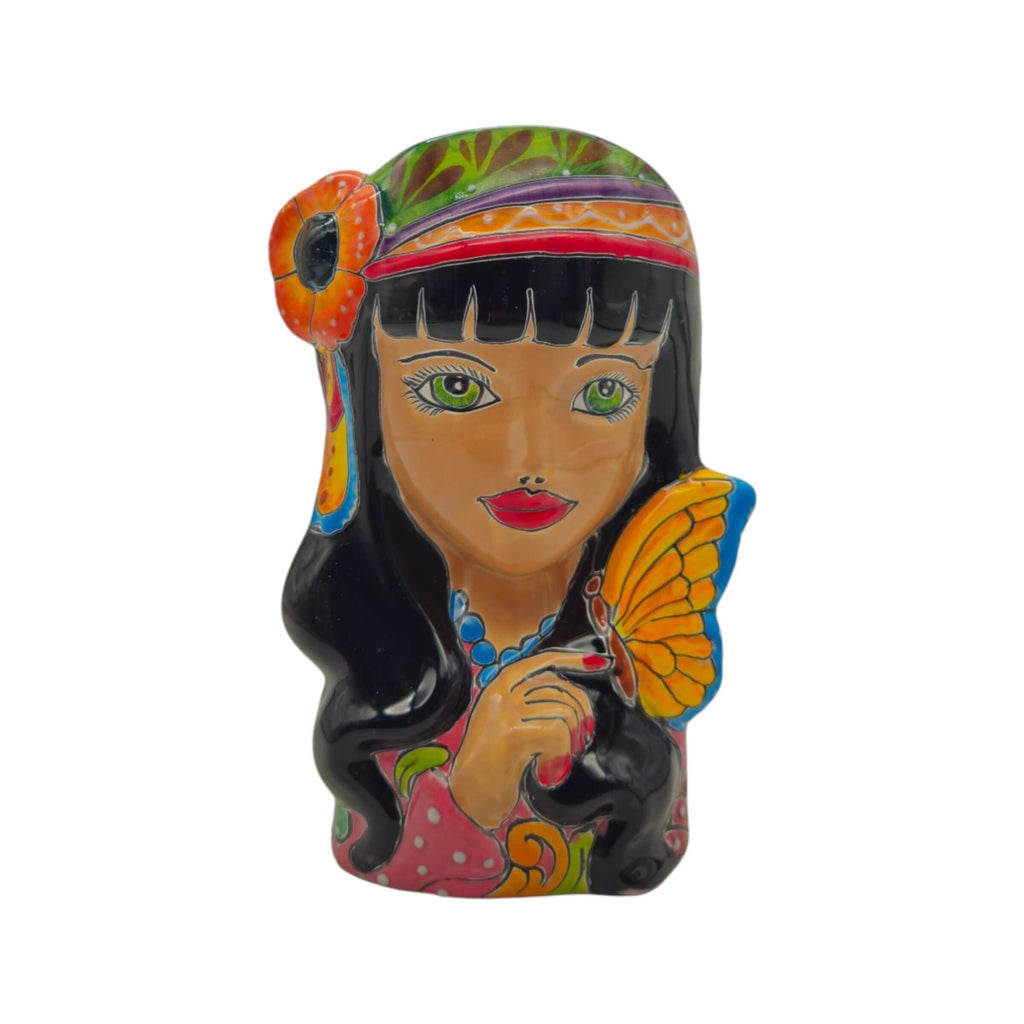 Talavera Lady Head Planter | Butterfly Design
