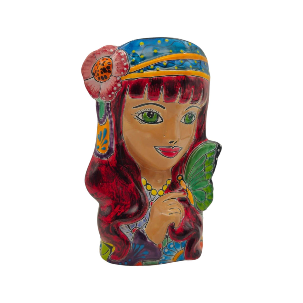 Talavera Lady Head Planter | Butterfly Design