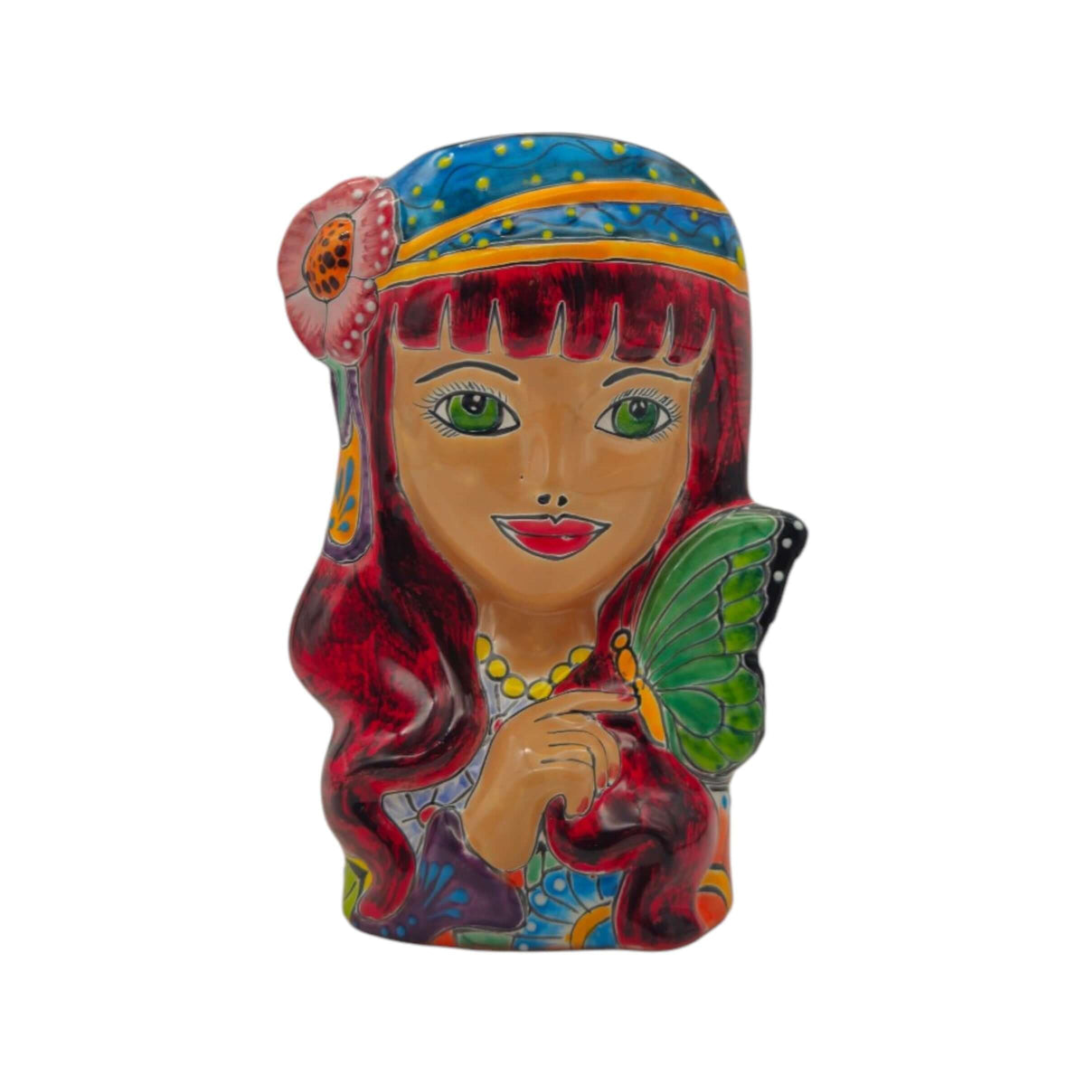 Talavera Lady Head Planter | Butterfly Design
