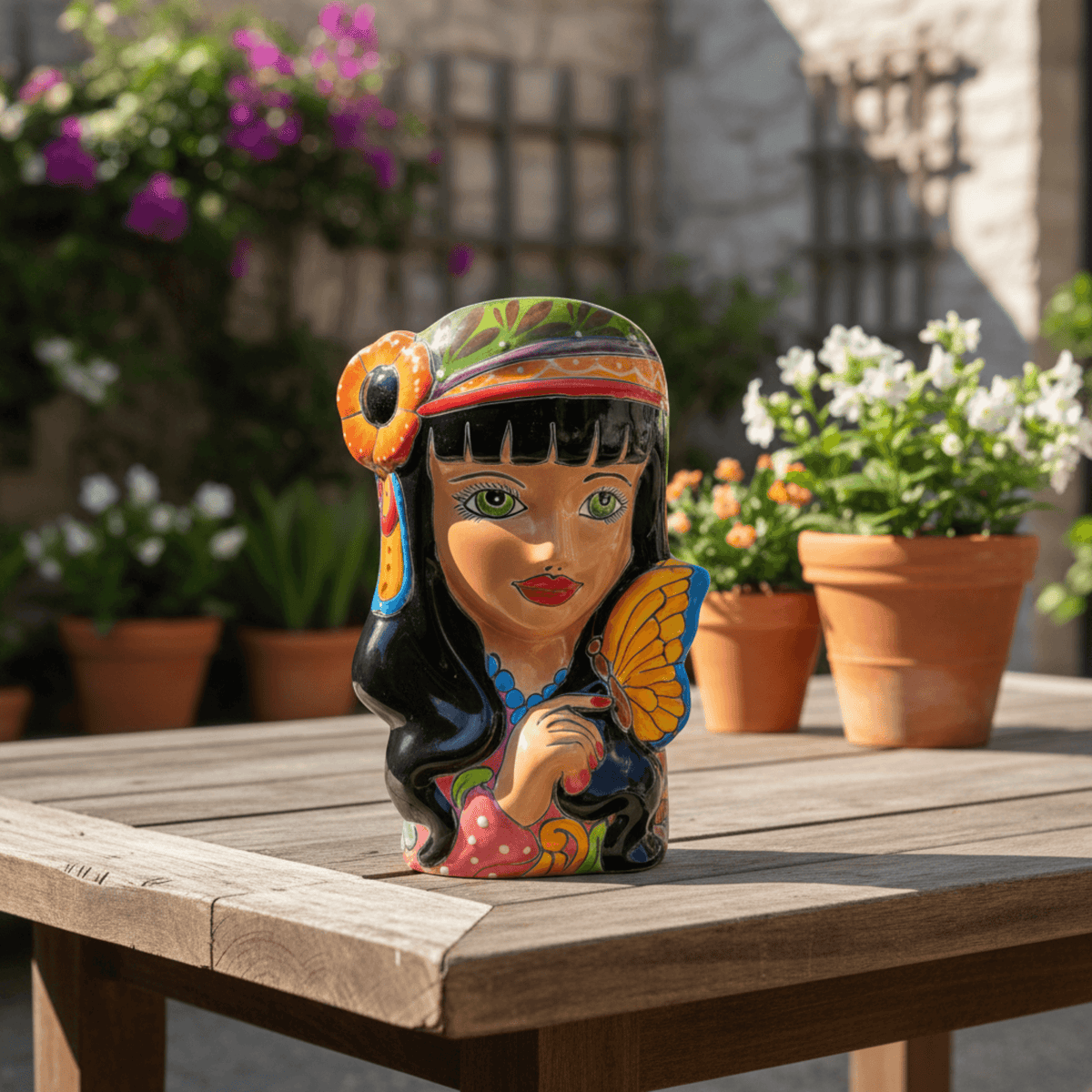 Talavera Lady Head Planter | Butterfly Design