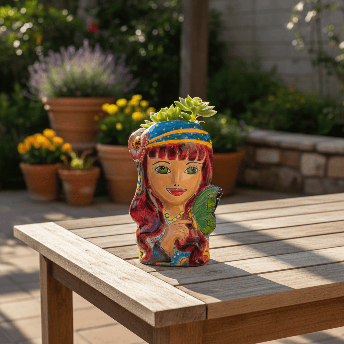 Talavera Lady Head Planter | Butterfly Design