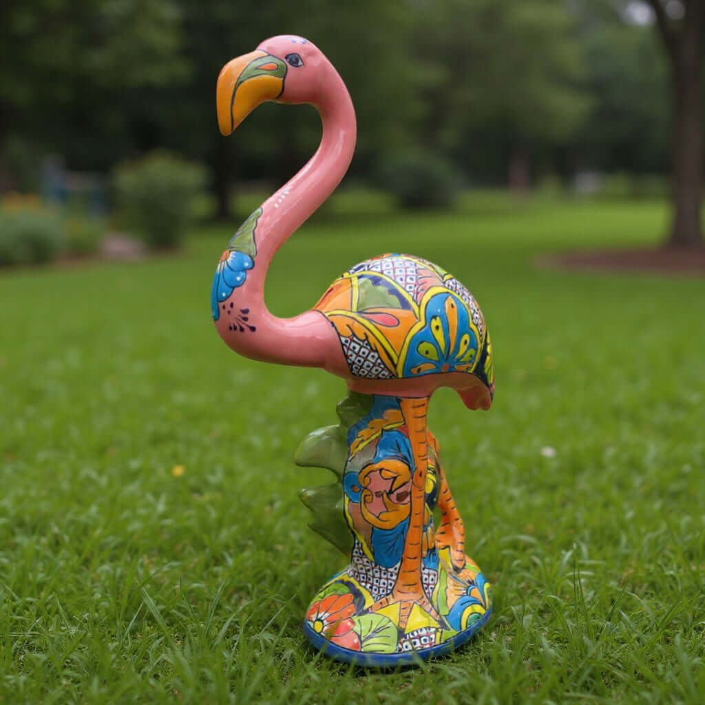 Talavera Pink Flamingo Sculpture | Vibrant Garden Art