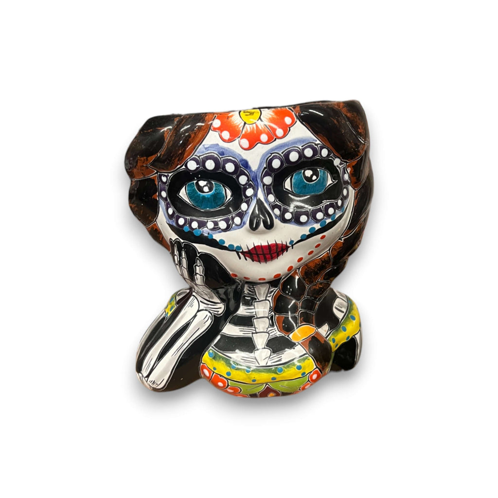 Talavera Skull Girl Planter | Hand-Painted Day of the Dead Pot