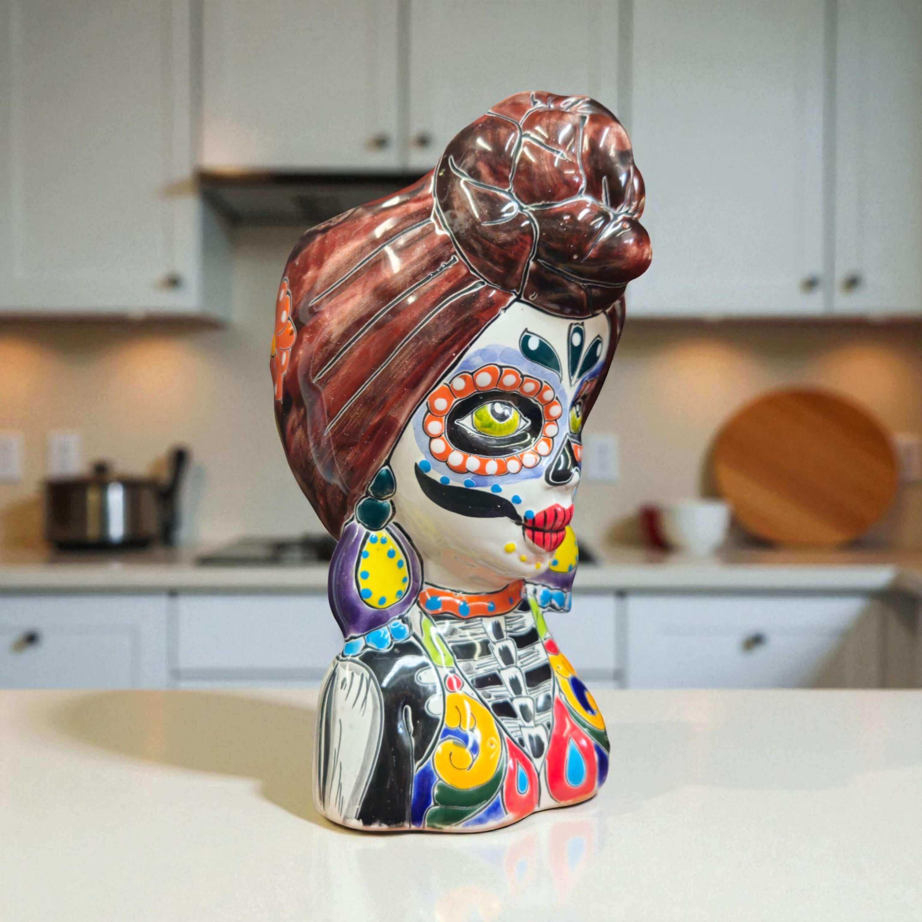 Talavera Skull Lady Planter | Colorful Day of the Dead Art