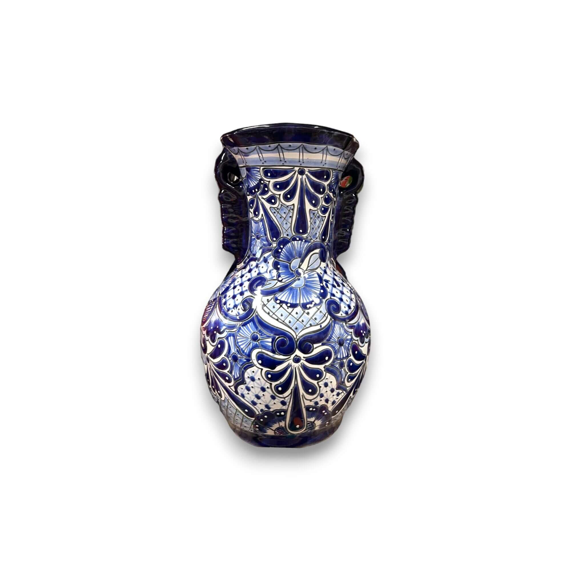 Tall Talavera Vase | Blue Rim Mexican Pottery